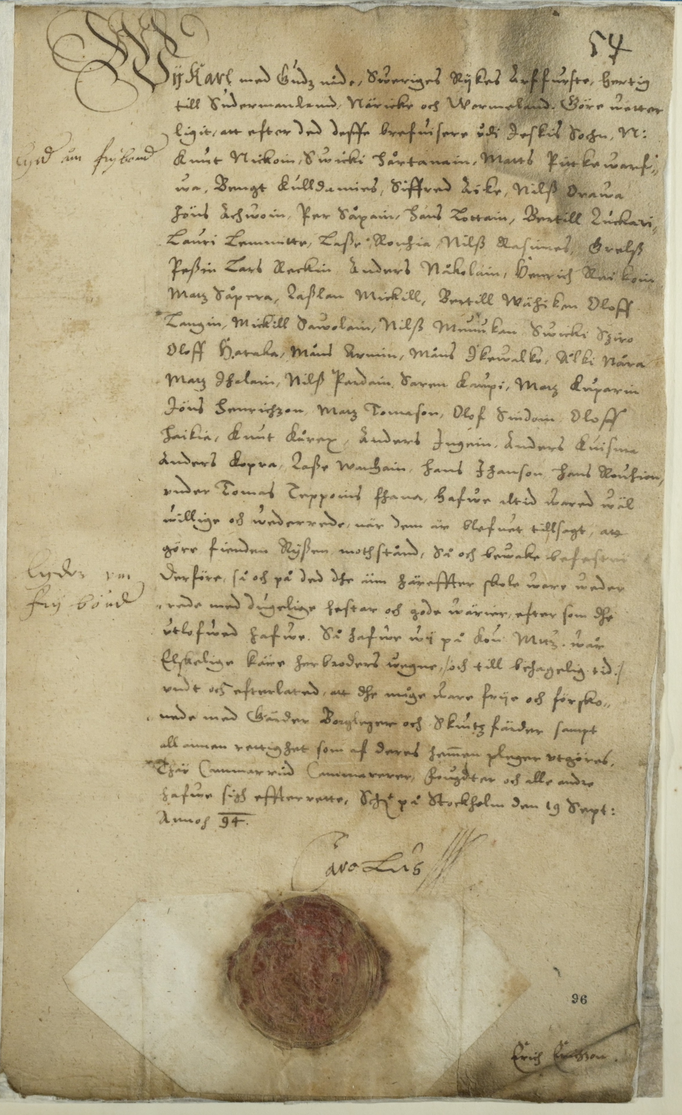 Vapaakirja vuodelta 1594